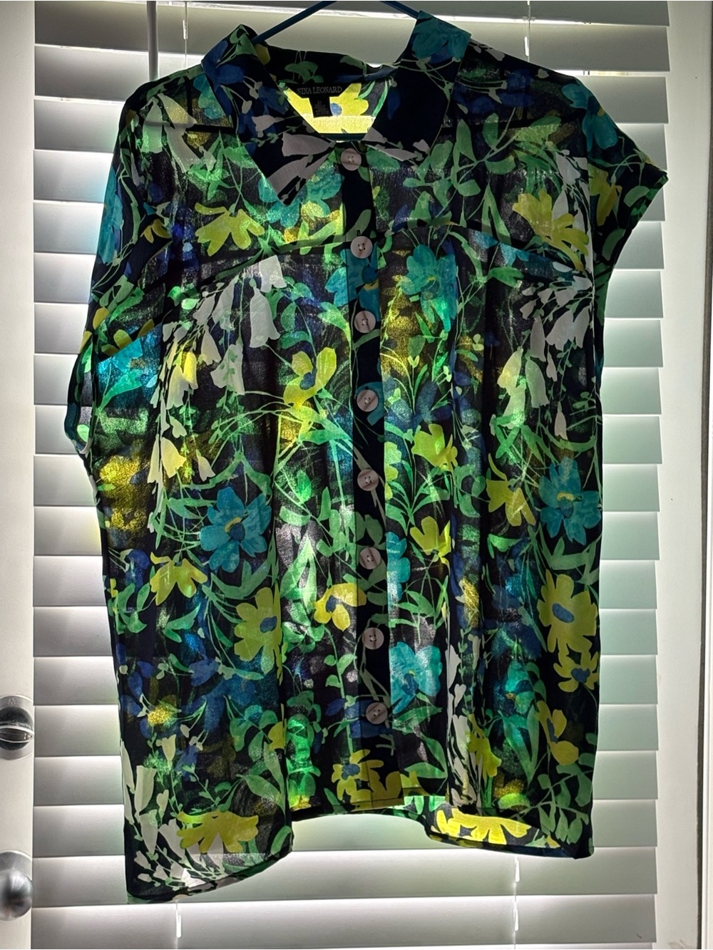Nina Leonard Navy Floral Print Blouse with Green, Blue and Yellow Accents